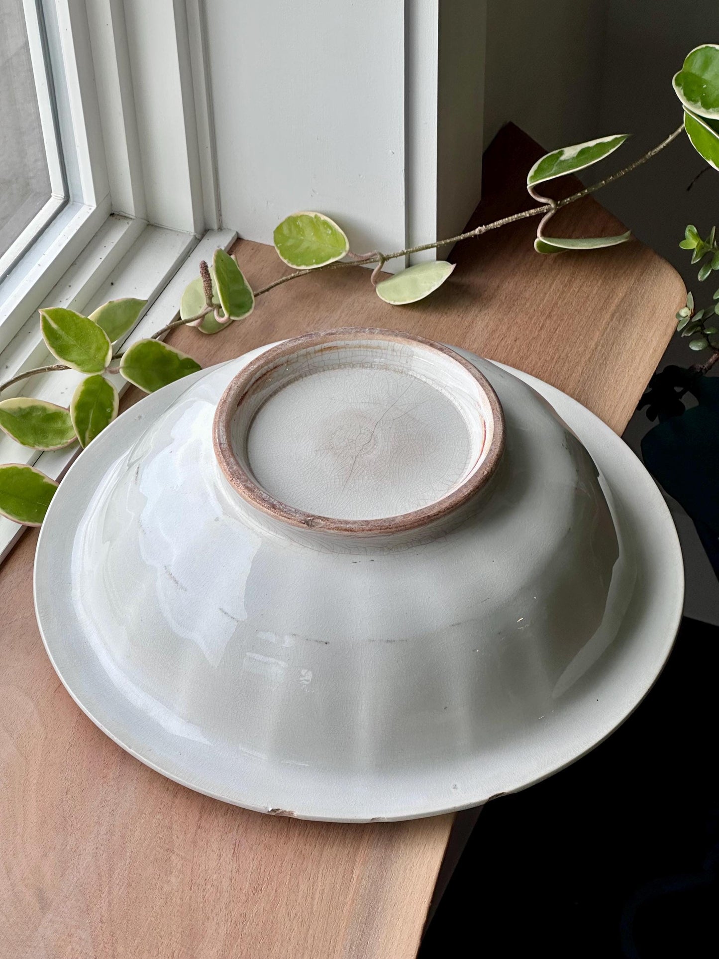 Large Antique Ironstone Bowl with Scalloped Rim