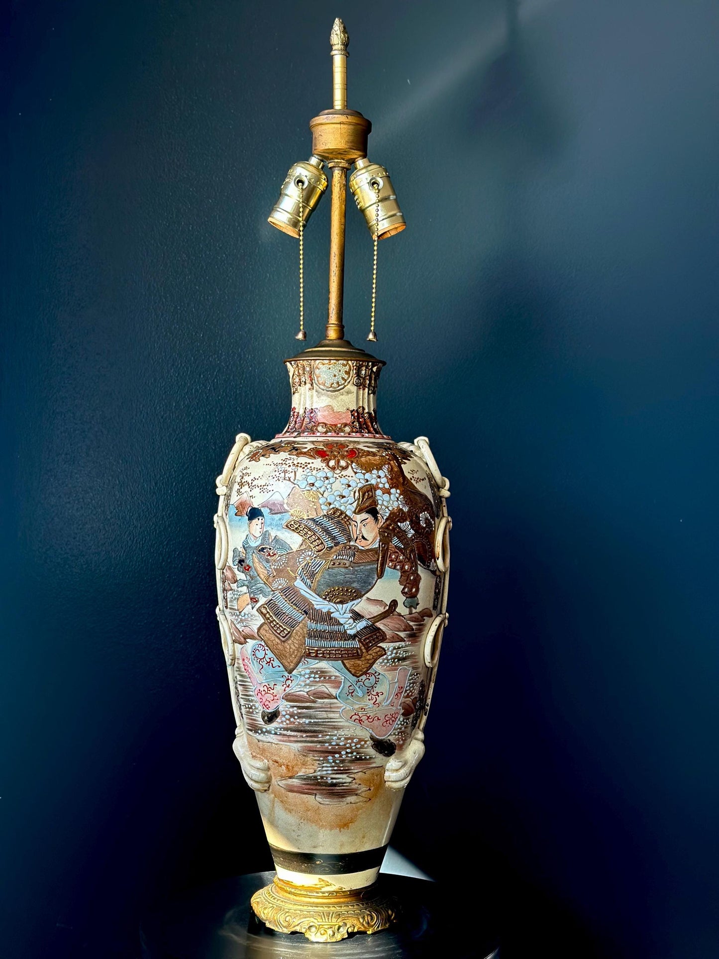Antique Japanese Satsuma-Style Samurai Vase Lamp – Hand-Painted, Moriage Detailing