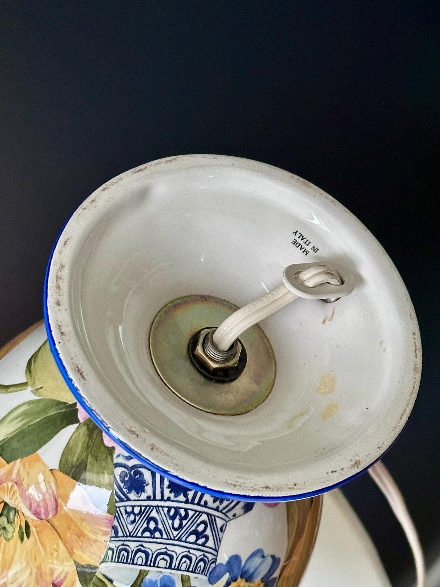vintage italian floral ceramic table lamp with gracious home shade – vintage antique home decor from Mid Hudson Vintage