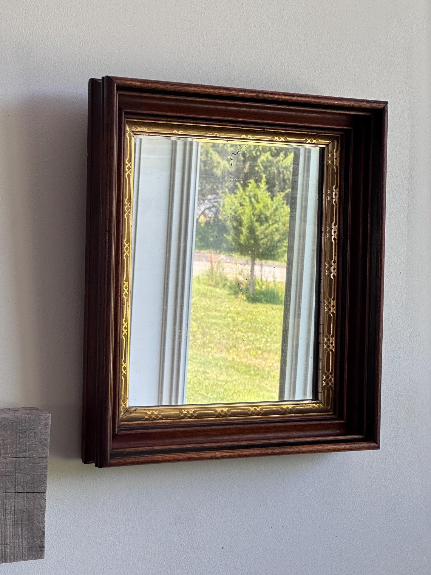 Antique Wall Mirror with Deep Wood Frame & Gilded Detailing | Late 19th Century Victorian Mirror | Thick Frame Beveled Edge Glass