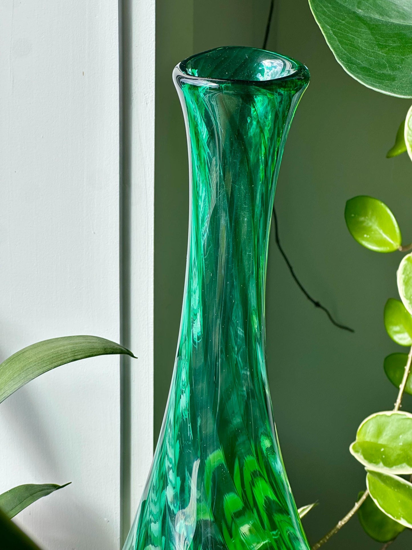 Large Vintage Hand Blown Art Glass Vase / Decanter – Emerald Green with Swirling Yellow Spots – Mid-Century Style