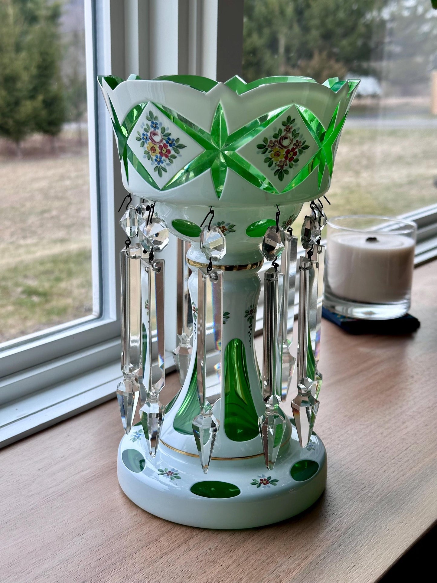 Vintage Czech Bohemian White Cut To Green Glass Mantle Luster with Enameled Flowers and Prisms