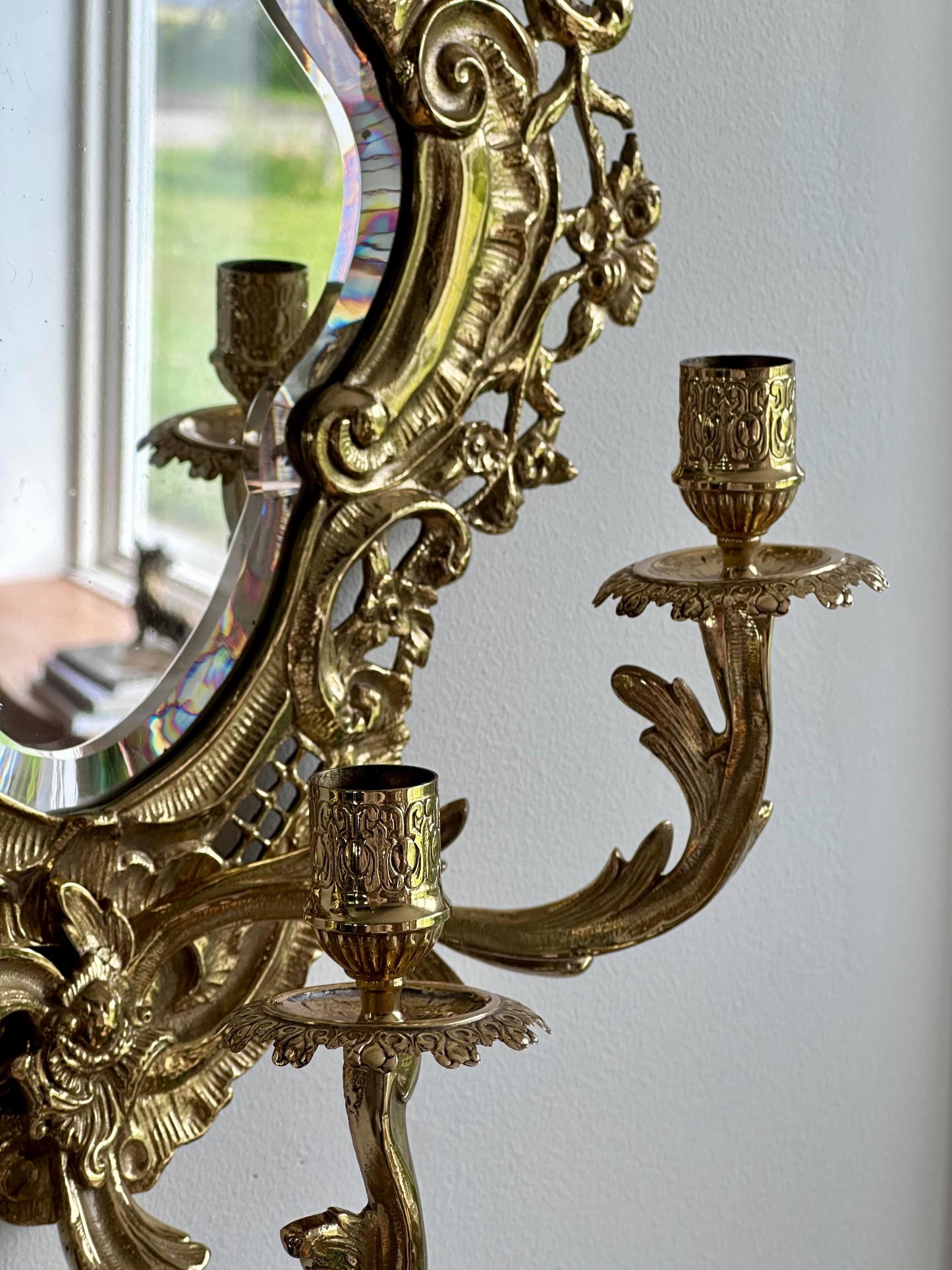 Pair of Vintage Ornate Gilded Brass Wall Sconces with Beveled Mirrors and Candle Holders – Rococo Hollywood Regency Style