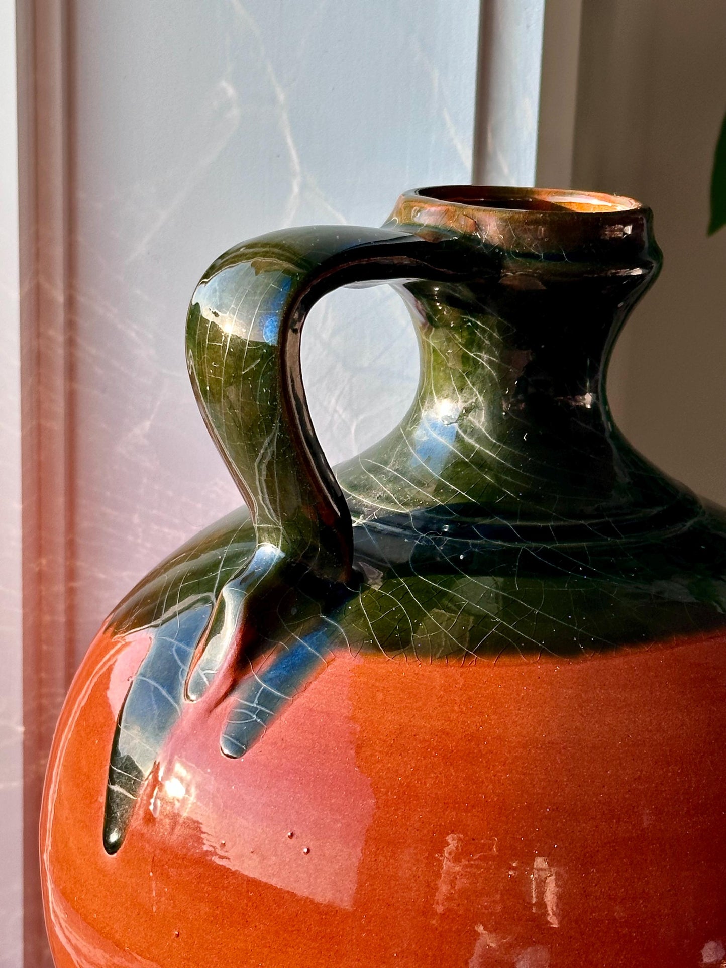 Large Vintage Redware Pitcher – Drip Glaze Handle Jug