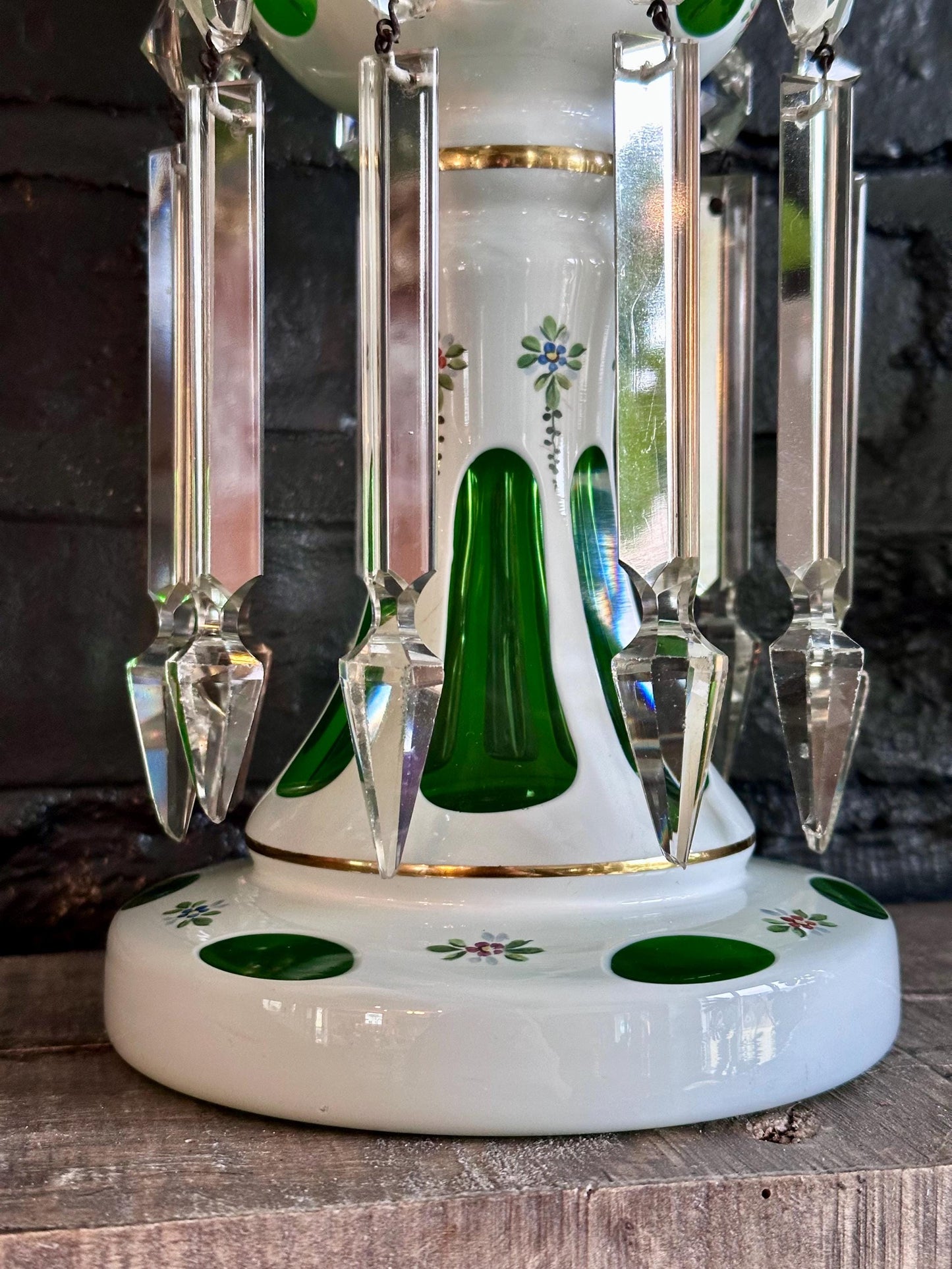 Vintage Czech Bohemian White Cut To Green Glass Mantle Luster with Enameled Flowers and Prisms