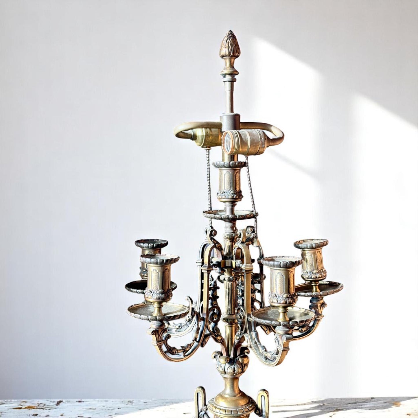 Antique Brass Candelabra Lamp with Red Marble Base