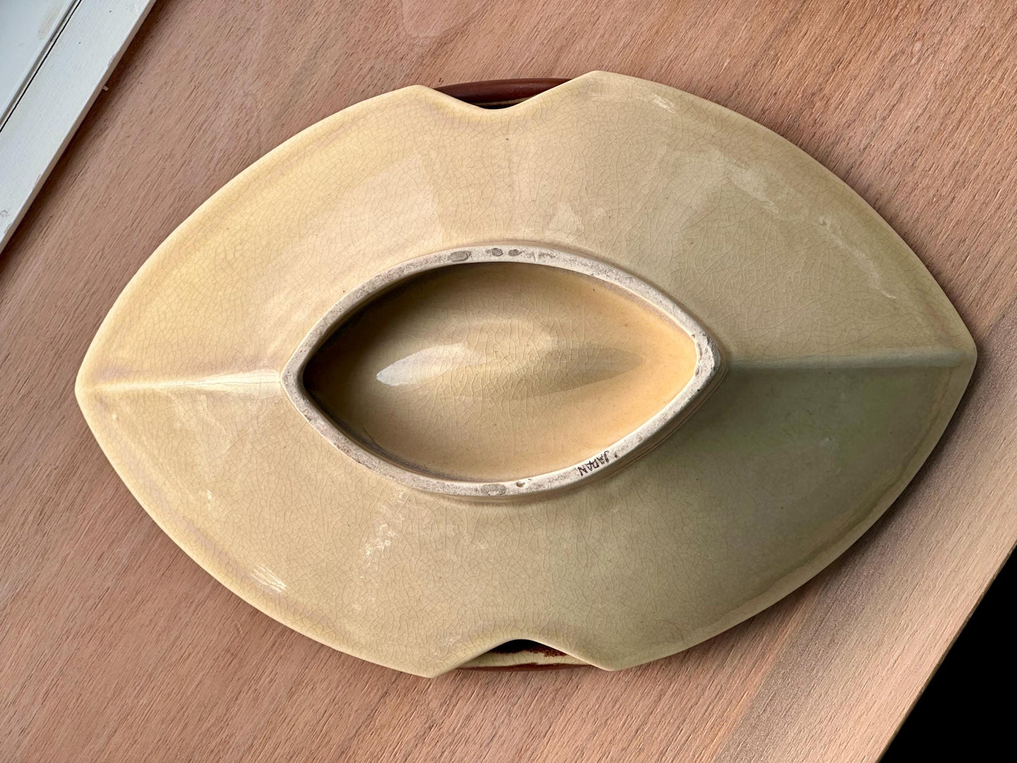 Vintage Japanese Footed Ceramic Dish with Abstract Glaze and Handles