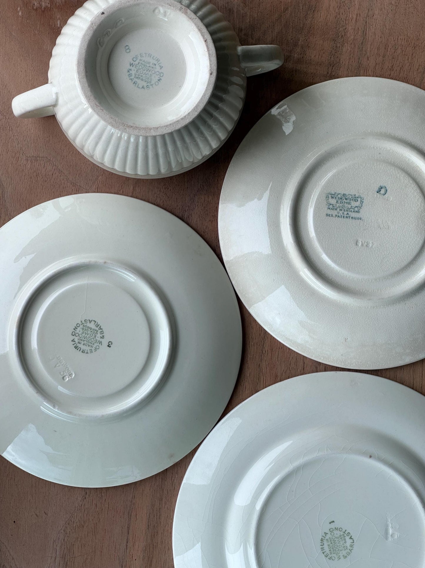 Vintage Wedgwood EDME Etruria Creamware Dish Set – Ribbed Pattern Sugar Bowl & Assorted Plates – Made in England