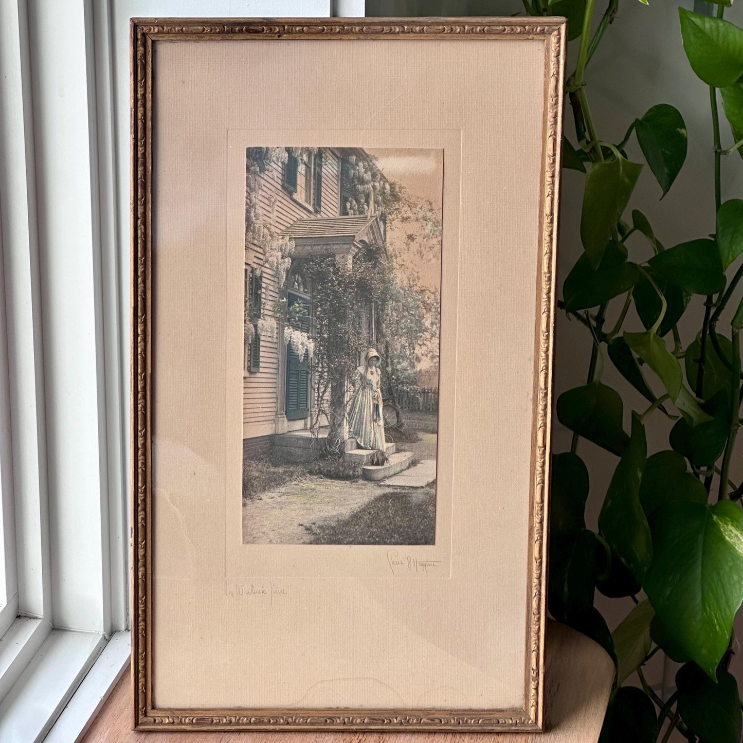 Antique Lucius Briggs Hoppin Hand-Colored Etching “In Wistaria Time” | Early 1900s Signed Framed Print