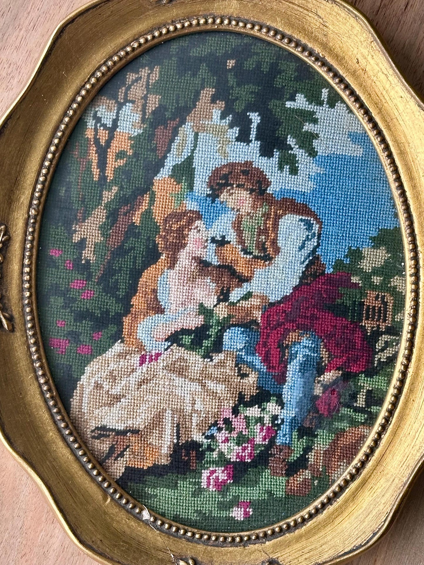 Vintage Framed Victorian Needlepoint in Gold Gilt Frame