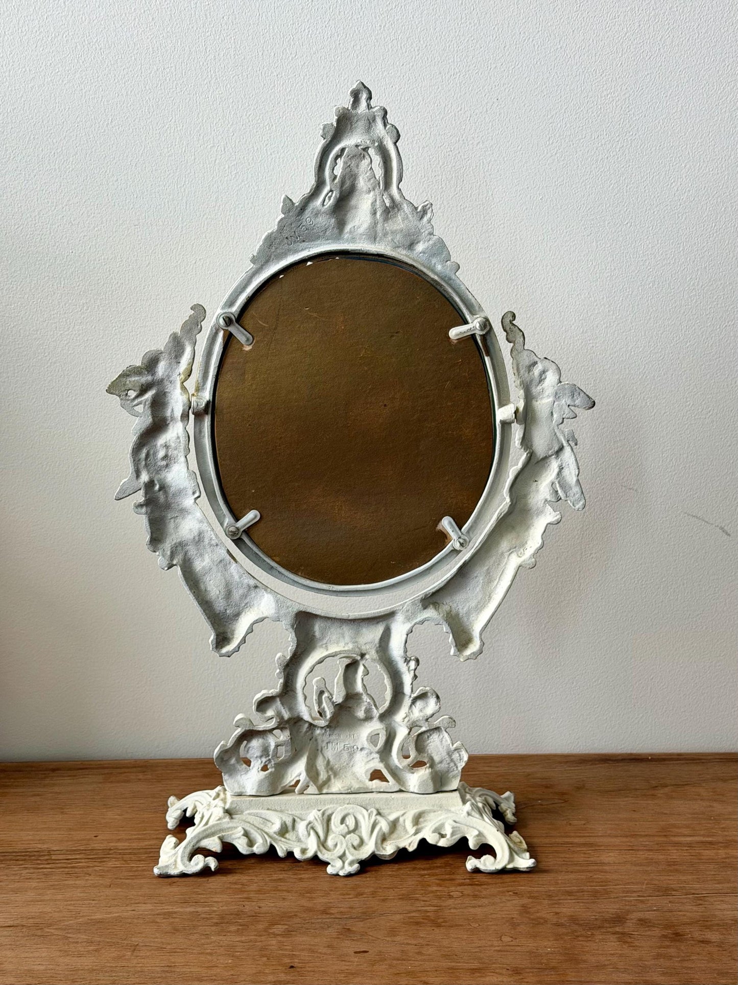 Antique Cast Metal Cherub Vanity Mirror, Ornate Rococo Revival Tabletop Mirror