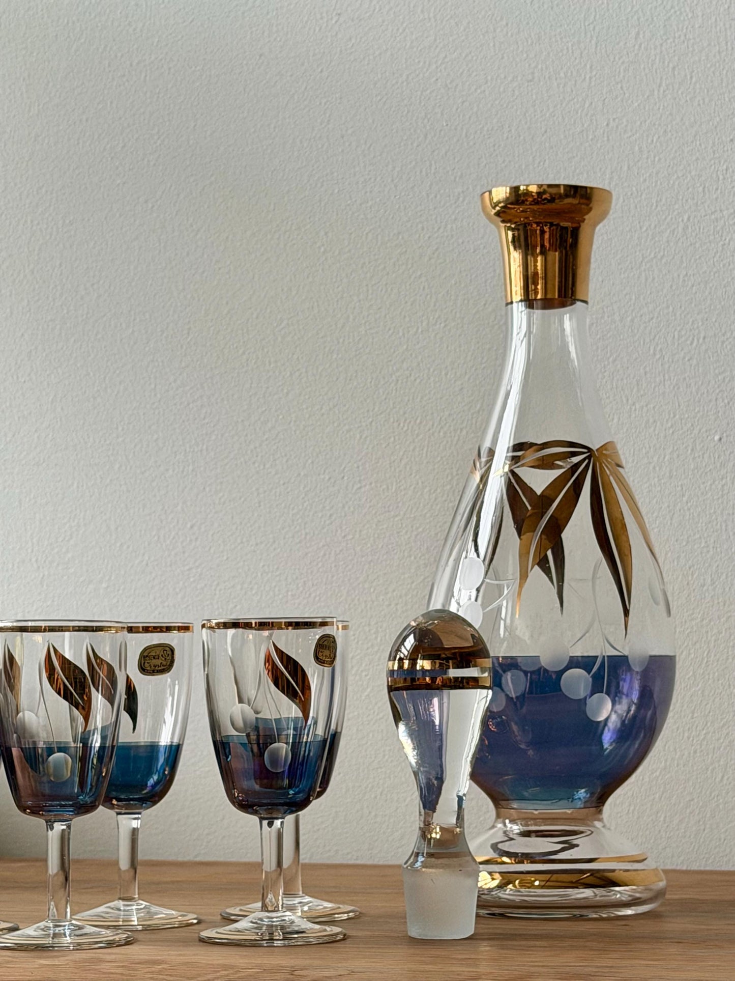 Vintage Bohemian Gilt Crystal Decanter Set w/ Stopper and 5 Glasses, Blue and Gold, Made in Czechoslovakia