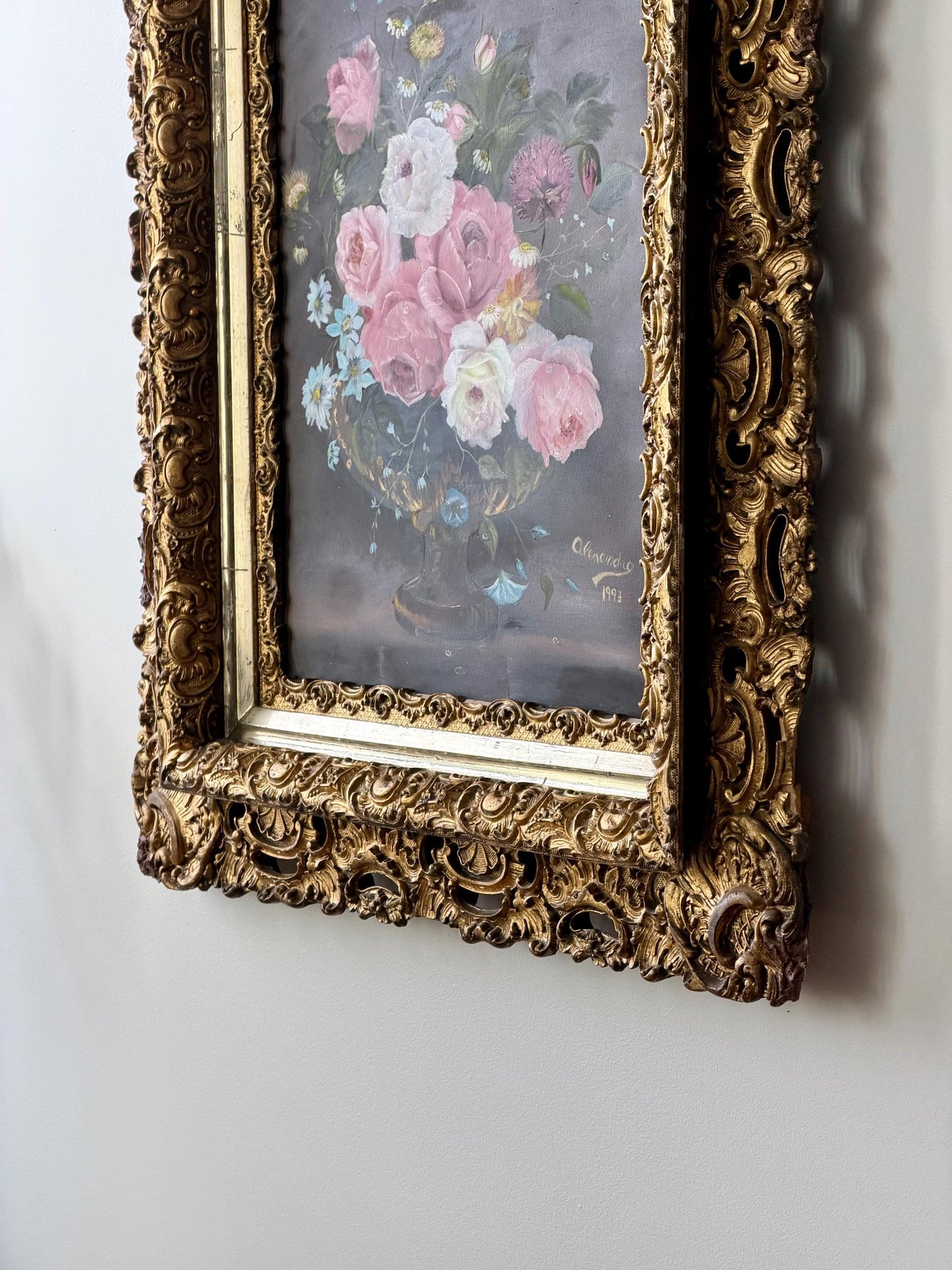 Large Gilt Rococo Frame Floral Oil Painting 1993 | Baroque Revival Wall Art | Ornate Gallery Statement