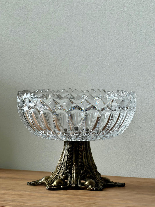 Antique Cut Crystal Bowl on Ornate Cast Metal Stand, Late 19th–Early 20th Century
