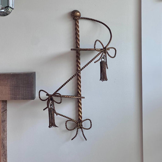 Vintage Hollywood Regency Brass Wall Shelf with Tassel and Bow Design - Made in Italy