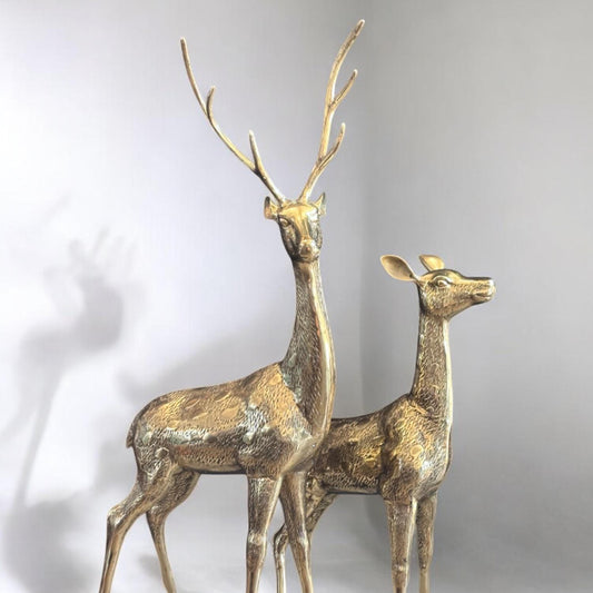 Life-Size Vintage Solid Brass Deer Sculptures – Stag and Doe Pair – Large Mid-Century Brass Deer – Hollywood Regency Decor