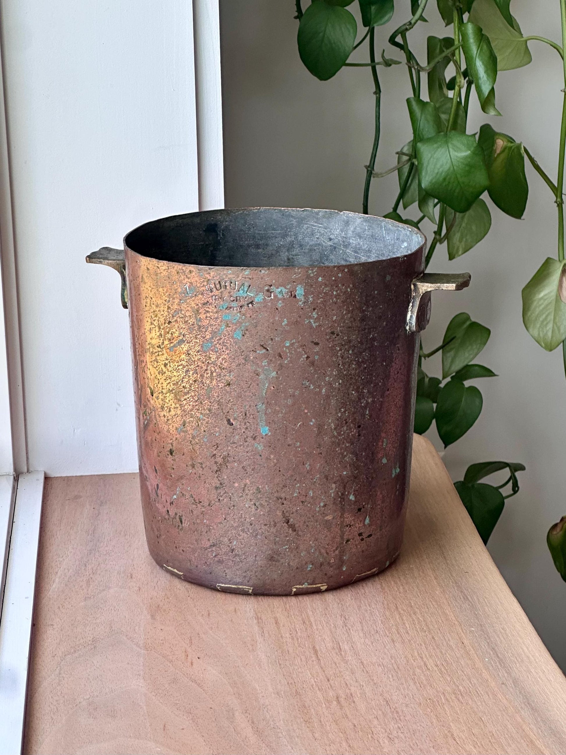 antique copper pot early 20th century industrial cauldron by mutual mfg co nyc – vintage antique home decor from Mid Hudson Vintage