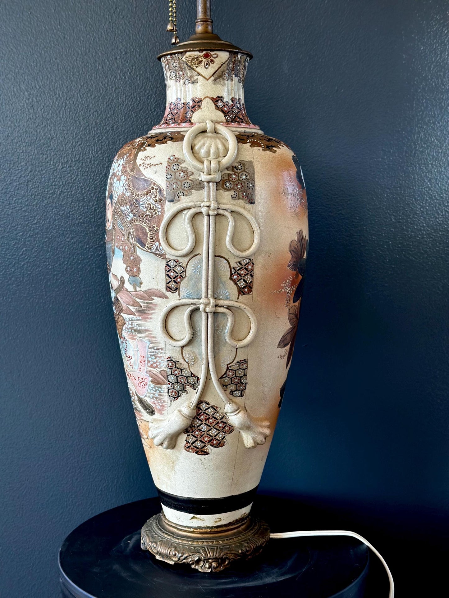 Antique Japanese Satsuma-Style Samurai Vase Lamp – Hand-Painted, Moriage Detailing