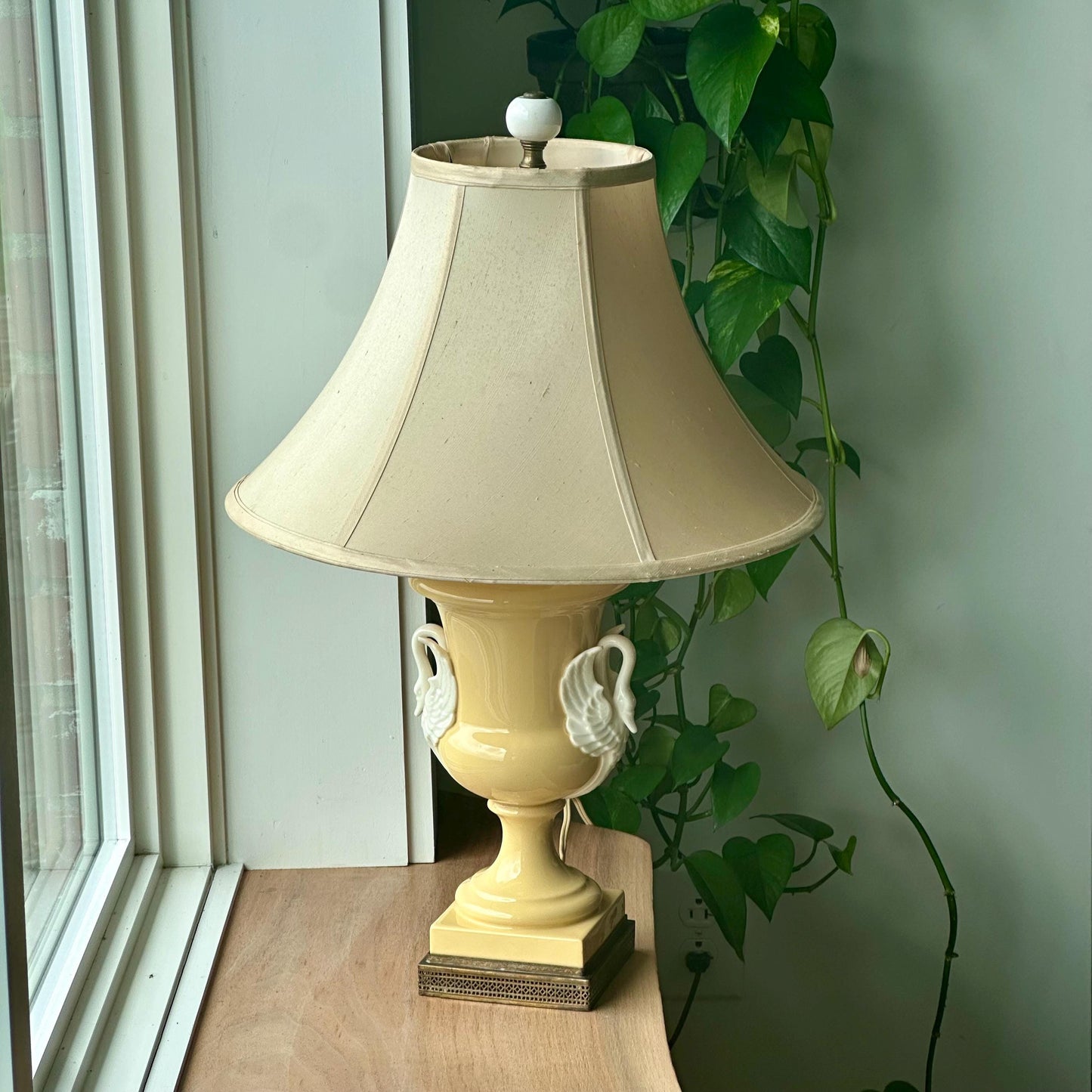 Antique French Porcelain Swan Handle Lamp – Pale Yellow Urn Table Lamp with Shade & Ornate Brass Base