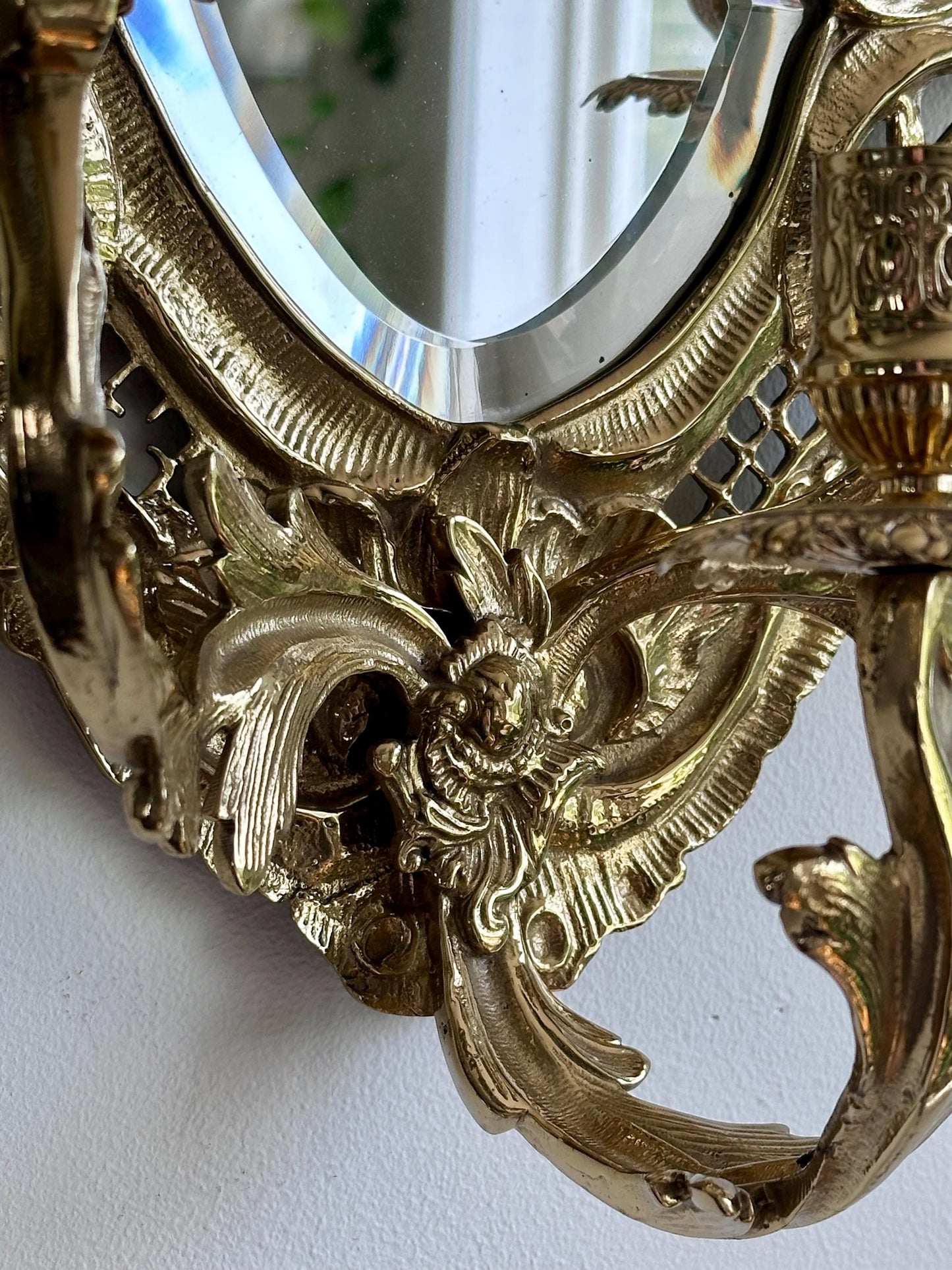 Pair of Vintage Ornate Gilded Brass Wall Sconces with Beveled Mirrors and Candle Holders – Rococo Hollywood Regency Style