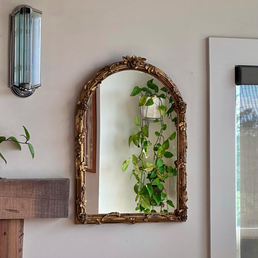 Antique Ornate Gilt Wood Mirror – Floral Carved Frame, Arched Top – French/Italian Design