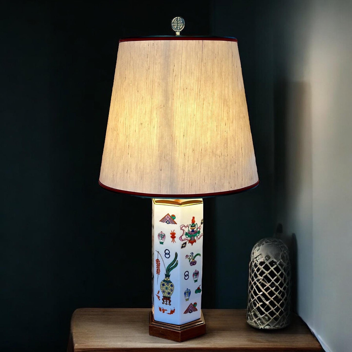 Vintage Chinese Porcelain Hexagonal Lamp with Hand-Painted Famille Rose Motifs and Wood Accents