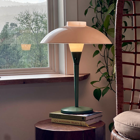 Gerald Thurston for Lightolier Table Lamp | Mid-Century Modern Mint Green Lamp with White Glass Shade | Iconic American Design