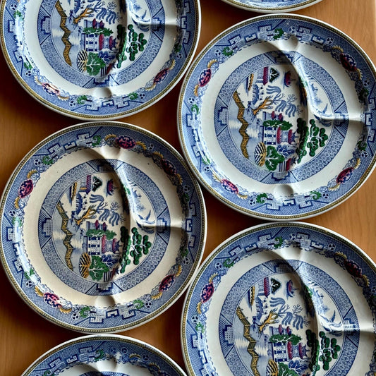 Set of 6 Antique Booths "Davenport Willow" Divided Grill Plates - English Blue Willow China | Hand-Painted with Gold Trim