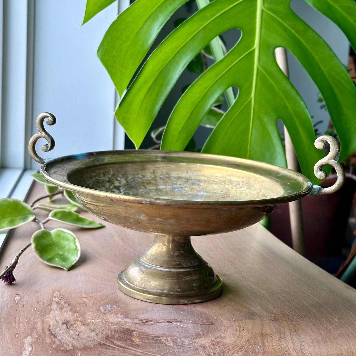 Vintage Brass Pedestal Bowl with Scroll Handles