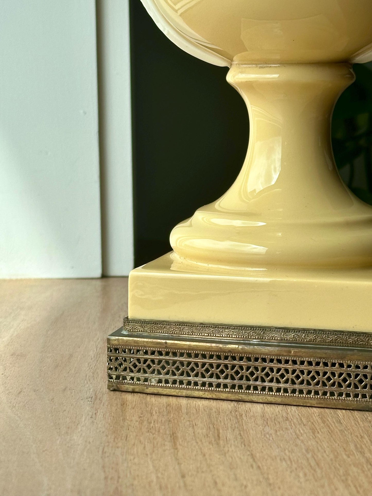 Antique French Porcelain Swan Handle Lamp – Pale Yellow Urn Table Lamp with Shade & Ornate Brass Base