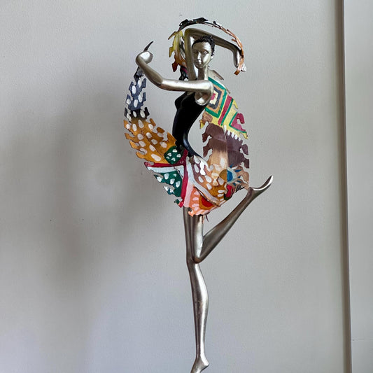 Hand-Painted Modernist Dancer Sculpture – Silver and Black with Abstract Multicolor Scarf