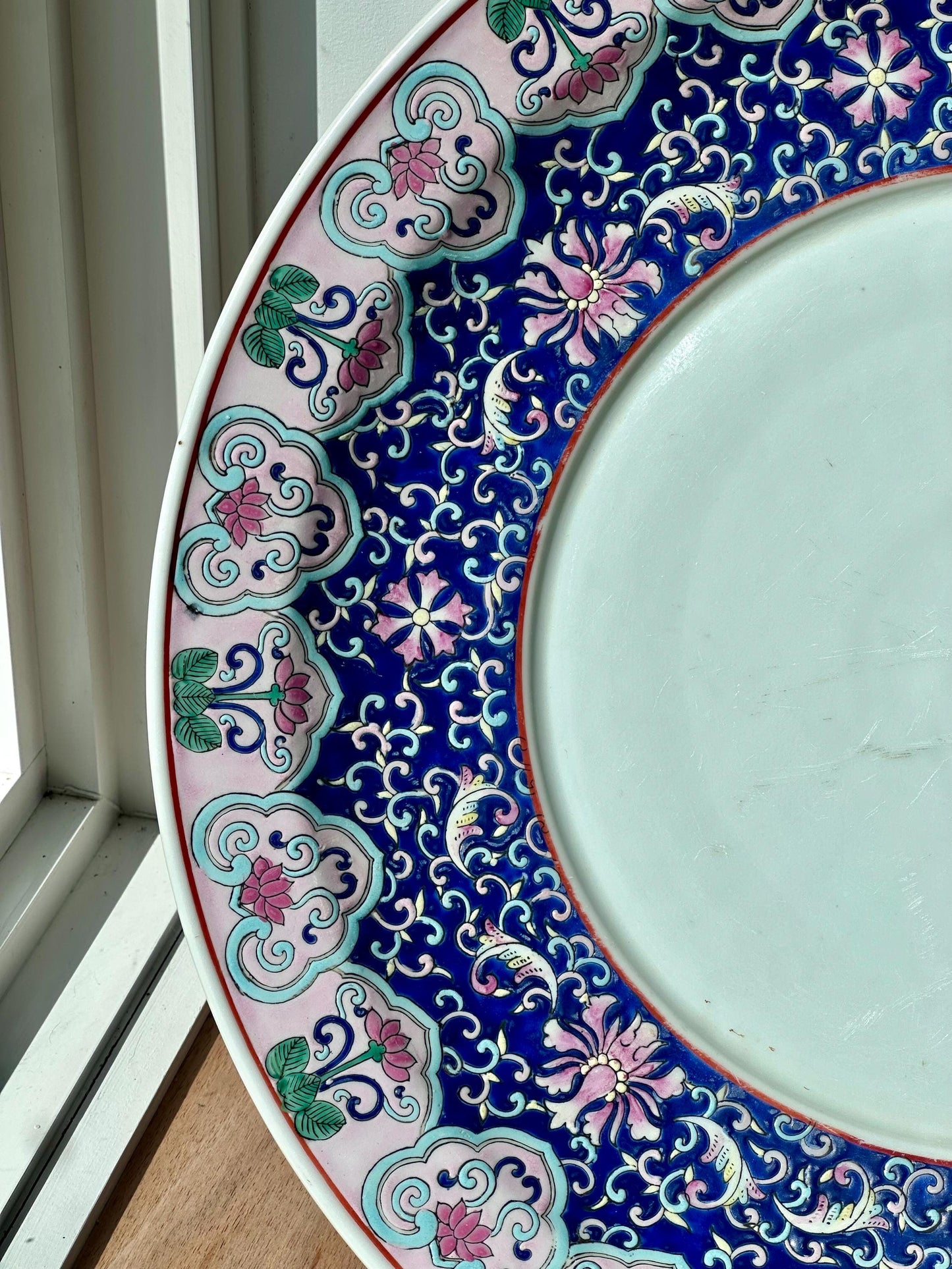 Large Famille Rose-Style Chinese Charger with Floral Lotus Motif