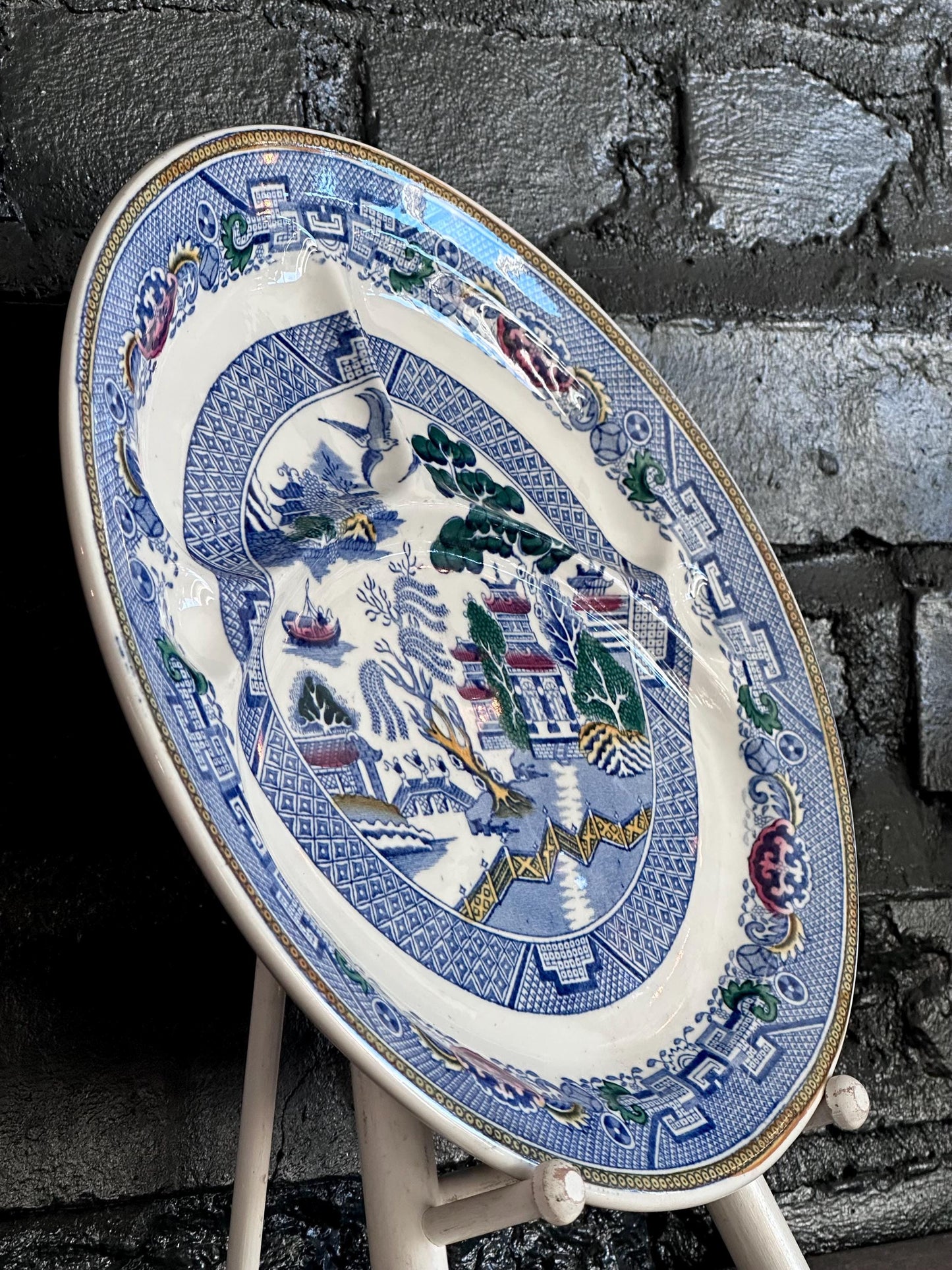 Set of 6 Antique Booths "Davenport Willow" Divided Grill Plates - English Blue Willow China | Hand-Painted with Gold Trim