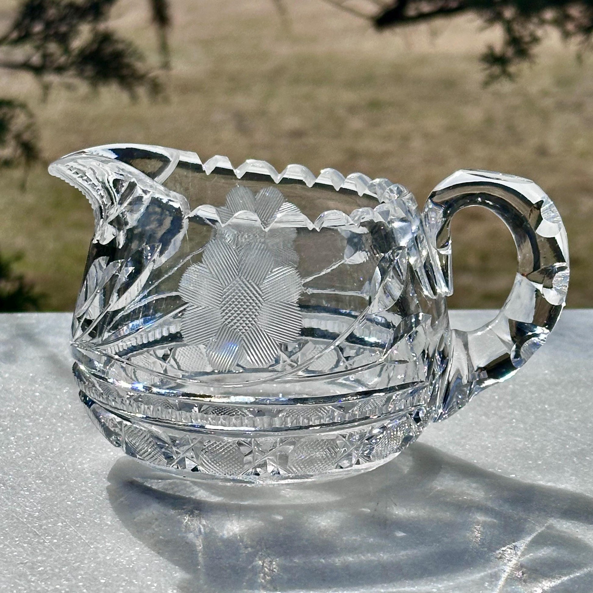 antique crystal creamer sugar bowl set american brilliant period floral cut pattern with starburst base – vintage antique home decor from Mid Hudson Vintage