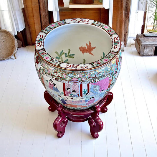 Large Hand-Painted Chinese Fishbowl Planter with Stand – Famille Rose Style