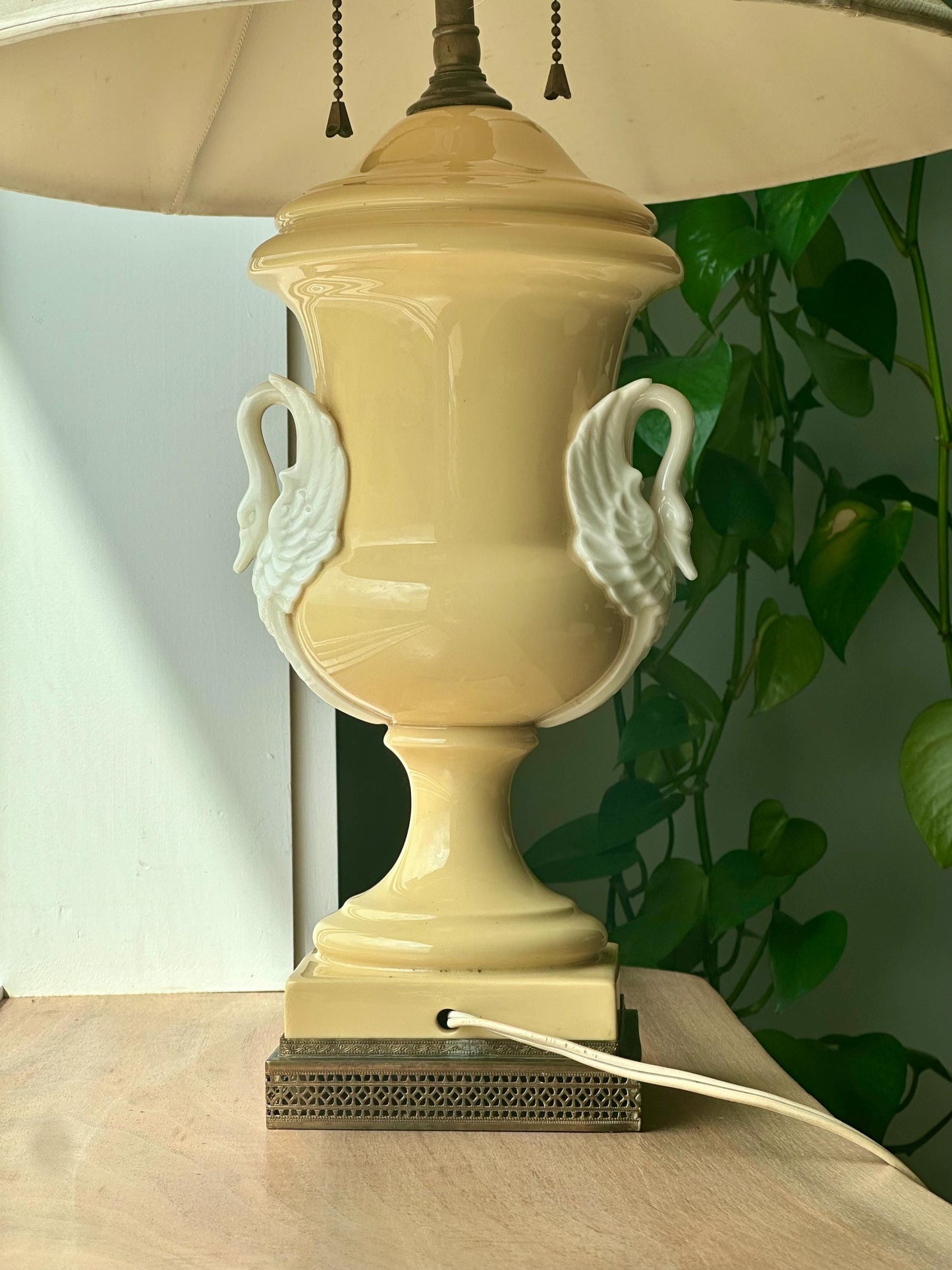 Antique French Porcelain Swan Handle Lamp – Pale Yellow Urn Table Lamp with Shade & Ornate Brass Base