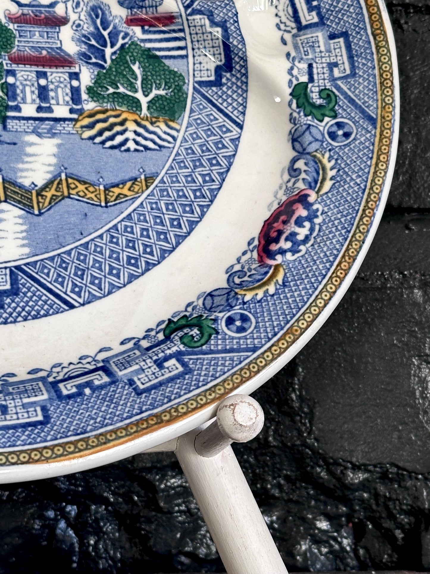 Set of 6 Antique Booths "Davenport Willow" Divided Grill Plates - English Blue Willow China | Hand-Painted with Gold Trim