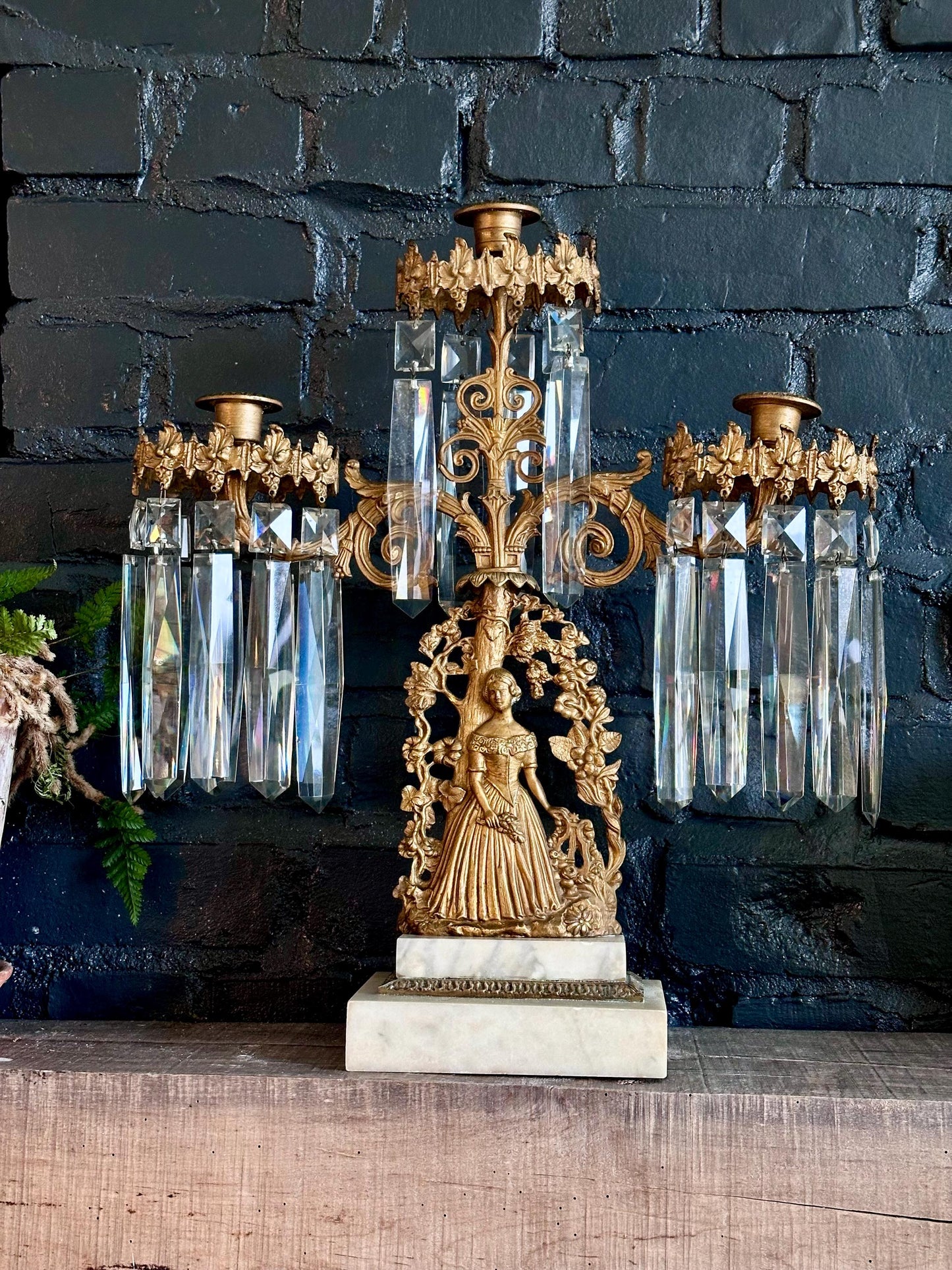 Antique Victorian/French Belle Epoque Three Piece Figural Cast Brass Girandole Candelabra Set w Prisms
