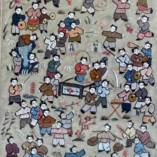 Antique Chinese Embroidery – Framed Silk Textile Art – 100 Children Celebration Scene