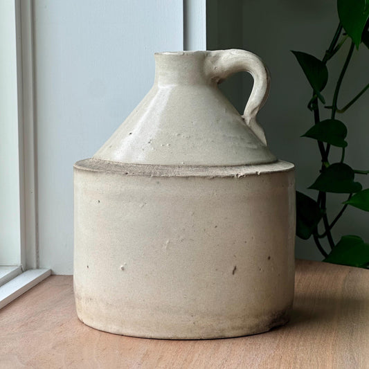 ntique Stoneware Jug with Primitive Handle | Early American Whiskey or Molasses Jug | Rustic Farmhouse Crock Decor
