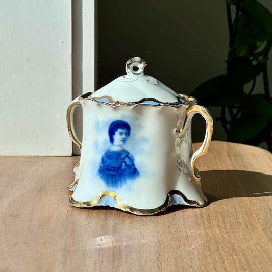 Antique R.C. Versailles Portrait Sugar Bowl – Hand-Painted Gold Trim, Double Handle, Made in Germany