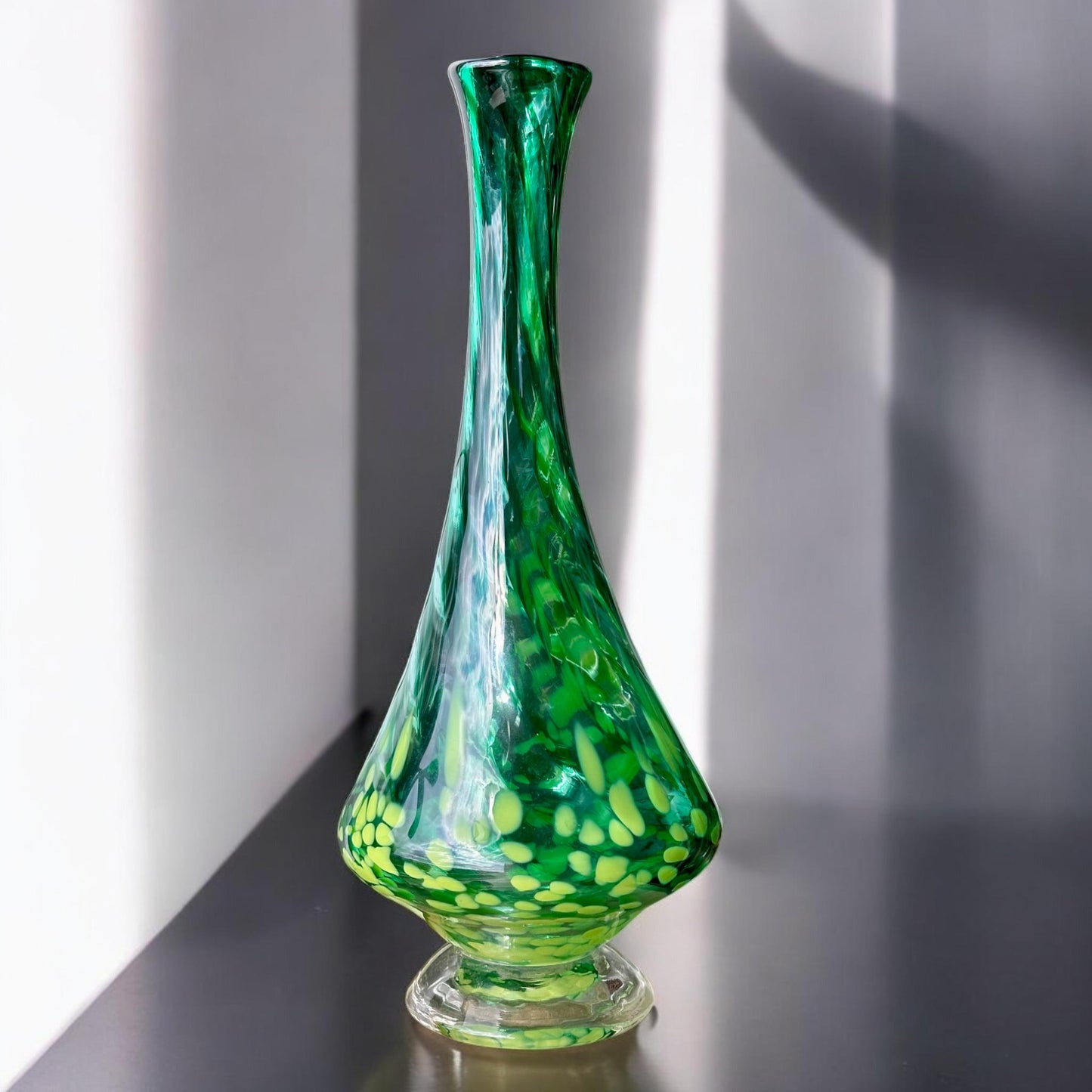 Large Vintage Hand Blown Art Glass Vase / Decanter – Emerald Green with Swirling Yellow Spots – Mid-Century Style
