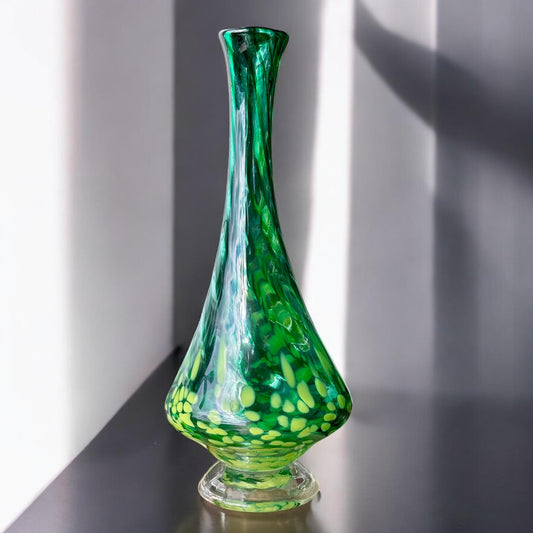 Large Vintage Hand Blown Art Glass Vase / Decanter – Emerald Green with Swirling Yellow Spots – Mid-Century Style