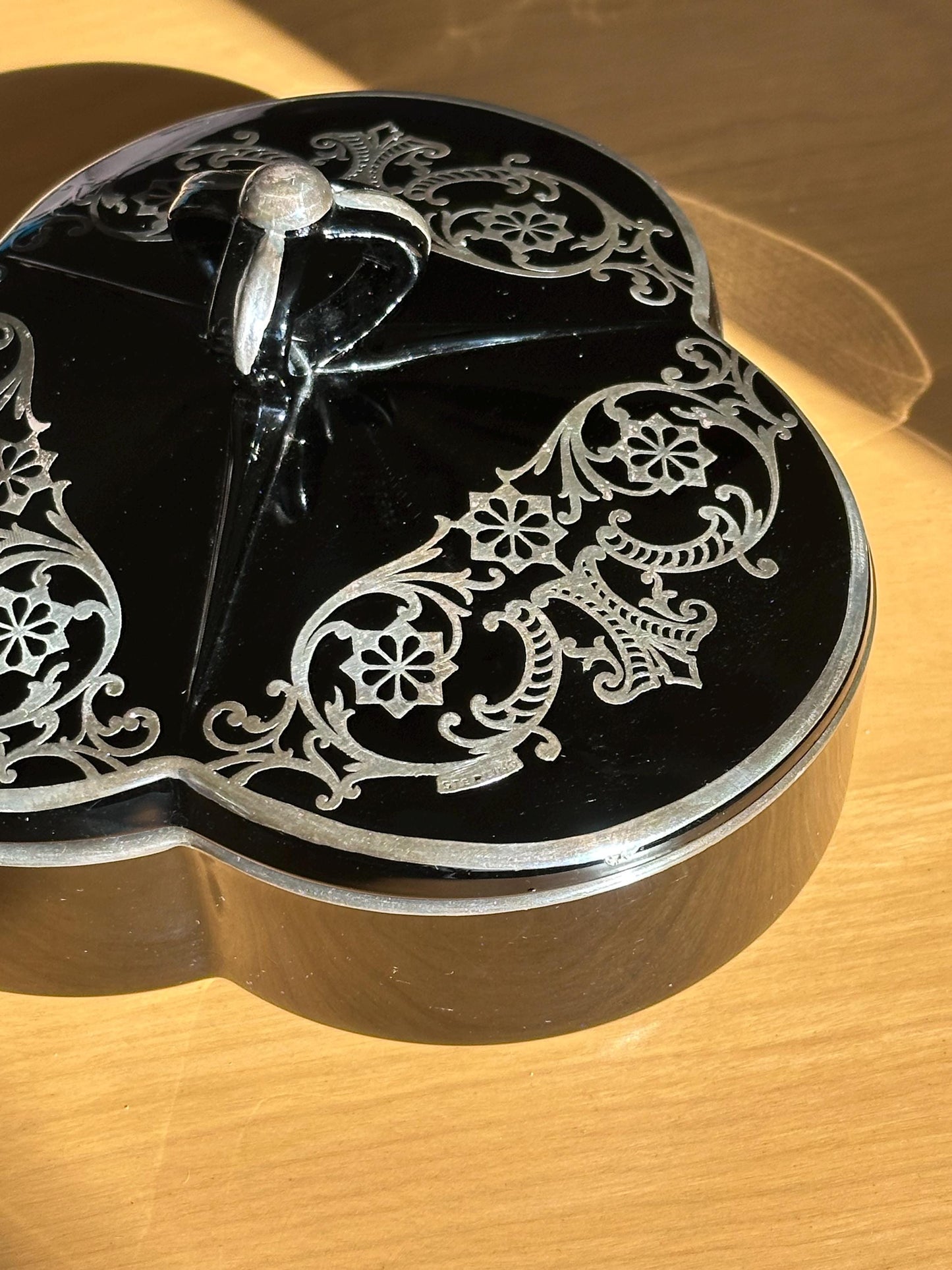 Vintage Art Deco Black Amethyst Glass Covered Candy Dish with Sterling Silver Overlay
