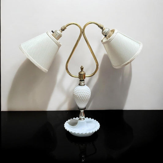 Vintage Hobnail Milk Glass Double-Arm Adjustable Lamp with Brass Accents – Dual Light, Working Condition