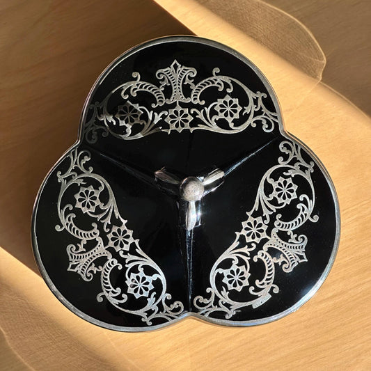 Vintage Art Deco Black Amethyst Glass Covered Candy Dish with Sterling Silver Overlay