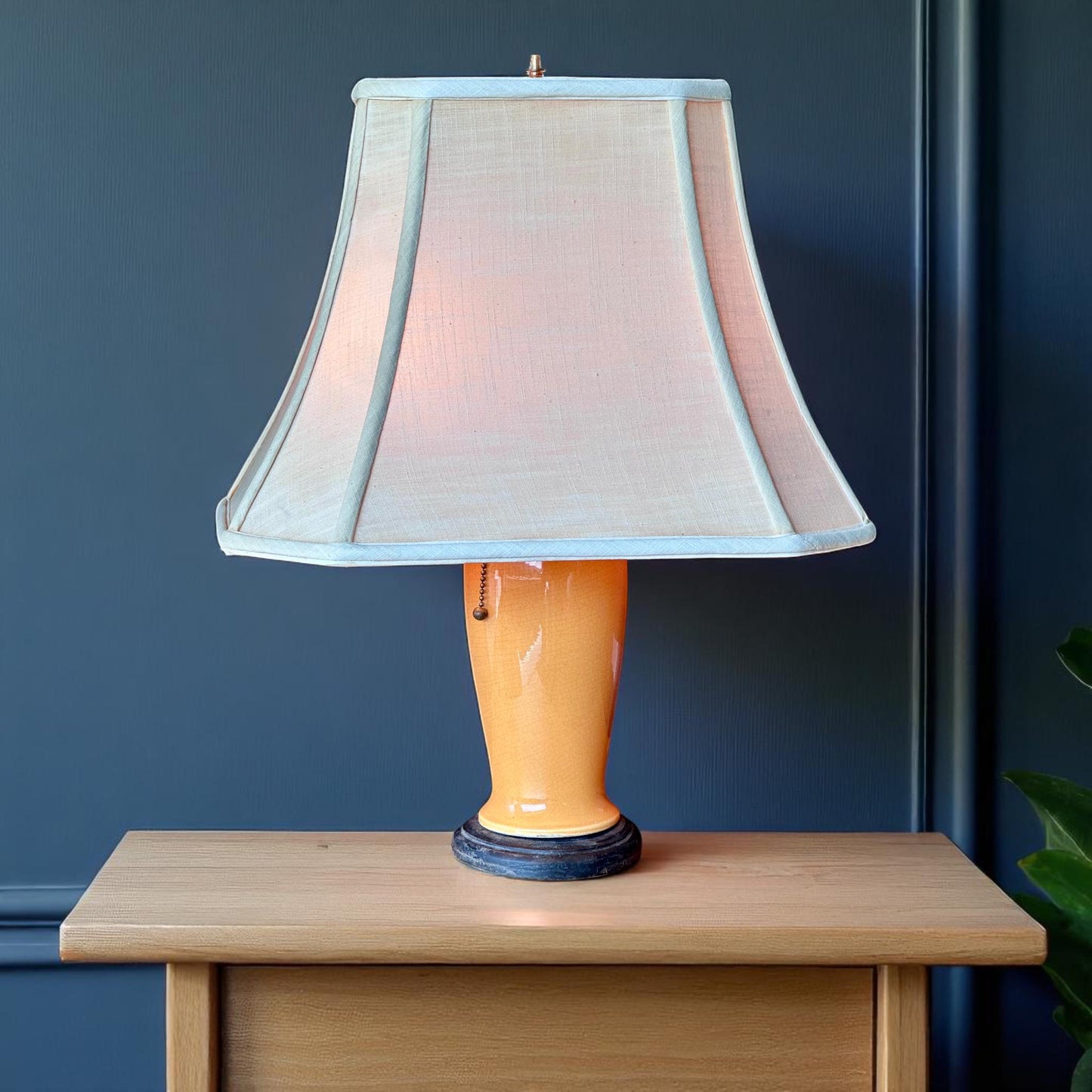 Vintage Ceramic Table Lamp with Crackle Glaze and Pagoda Shade – Warm Golden Ochre with Working Pull Chain