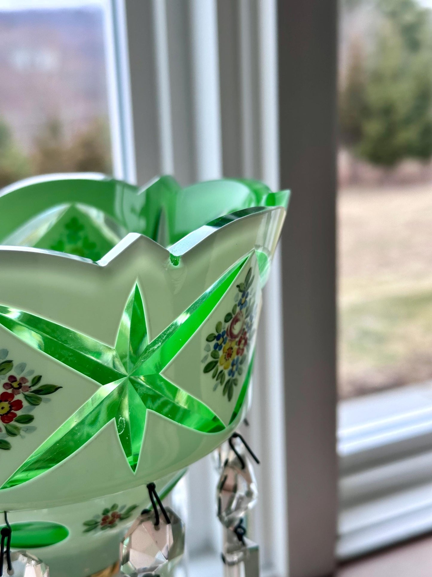 Vintage Czech Bohemian White Cut To Green Glass Mantle Luster with Enameled Flowers and Prisms