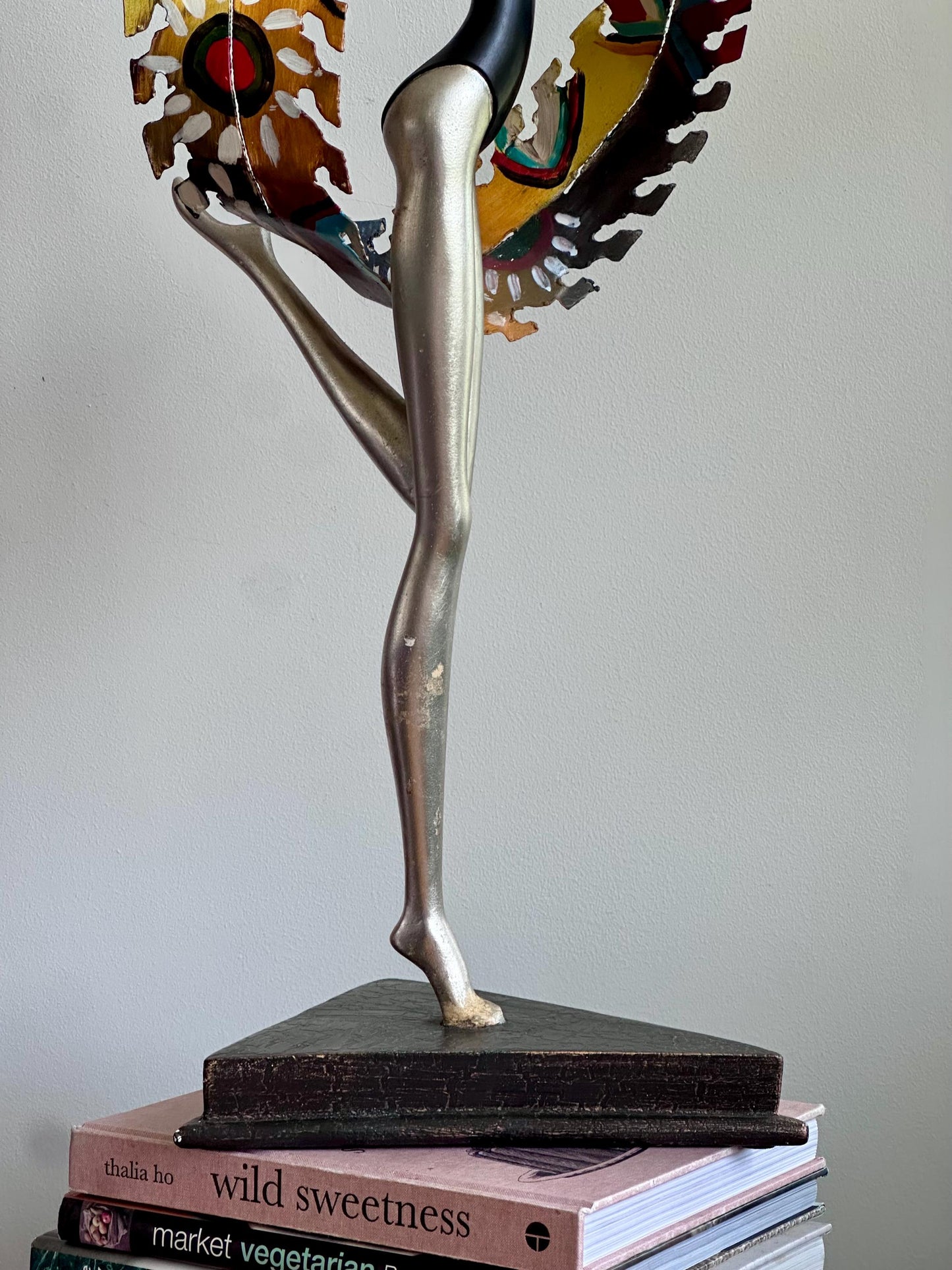 Hand-Painted Modernist Dancer Sculpture – Silver and Black with Abstract Multicolor Scarf