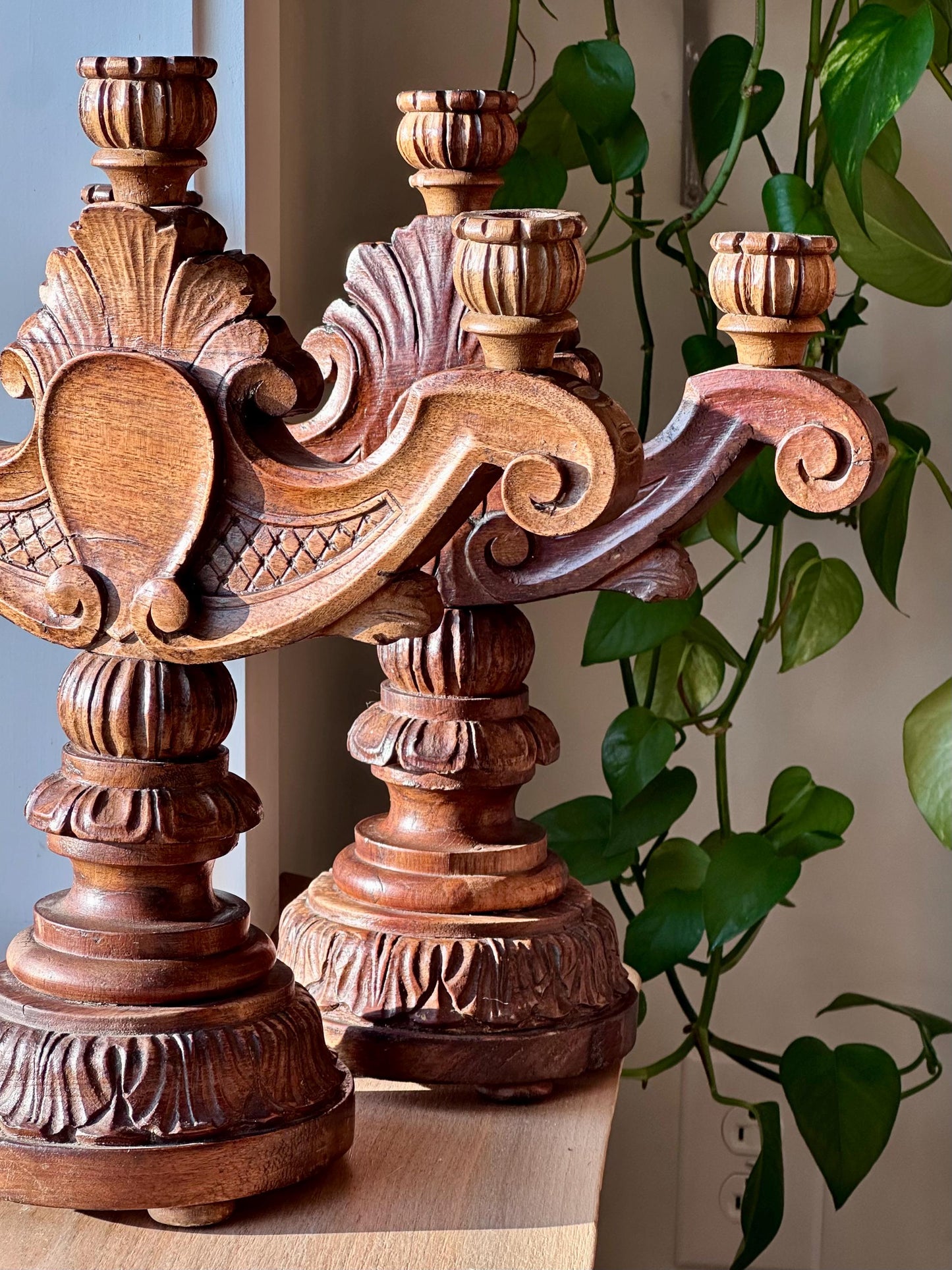 Antique Hand-Carved Wooden Candelabra Candlestick Holders – Ornate Pair with Three-Light Arms